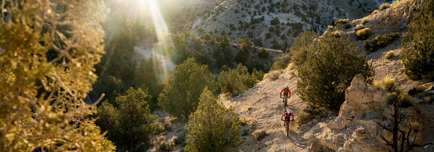 "Two mountain bikers riding in a desert, mountainous environment."