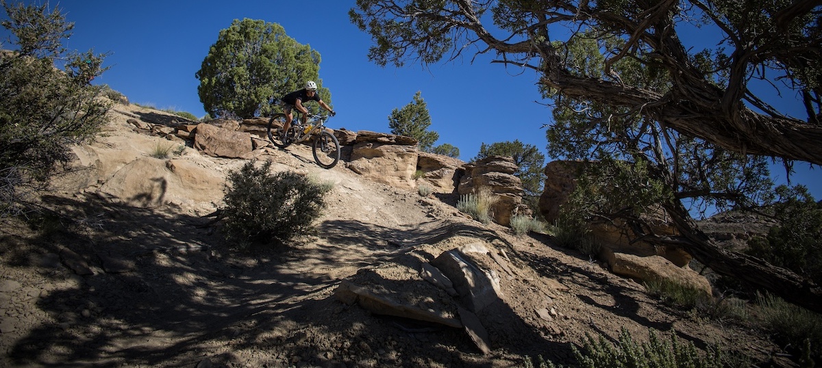 Person riding mountain bike at IMBA's 2023 Trail Care School in Dine.