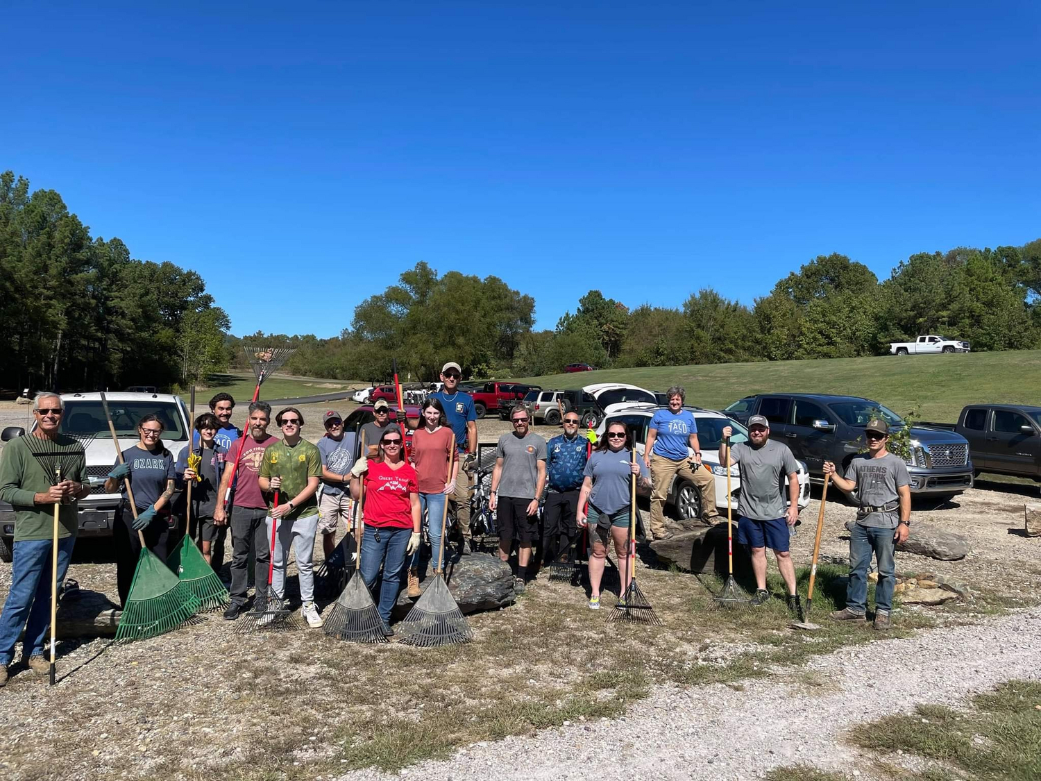 "TACO group photo after a work day at the Cedar Glades Park trailhead. Photo courtesy of Trail Advocacy Coalition of the Ouachitas."