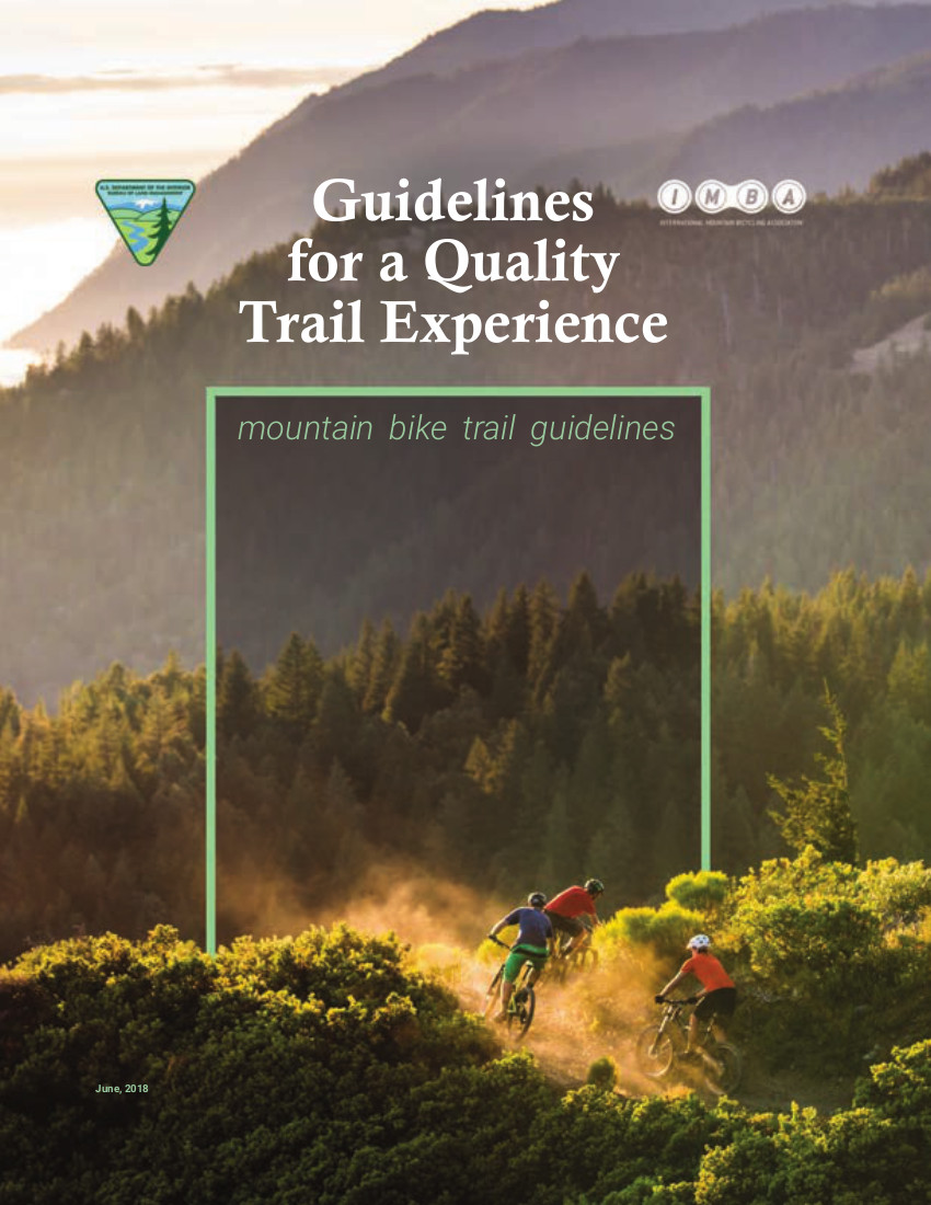 cover of the book entitled Guidelines for a Quality Trail Experience, featuring mountain bike riders on a trail with trees and mountains in the beckground