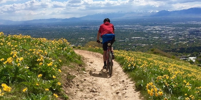 Person riding mountain bike on the BST, overlooking salt lake valley
